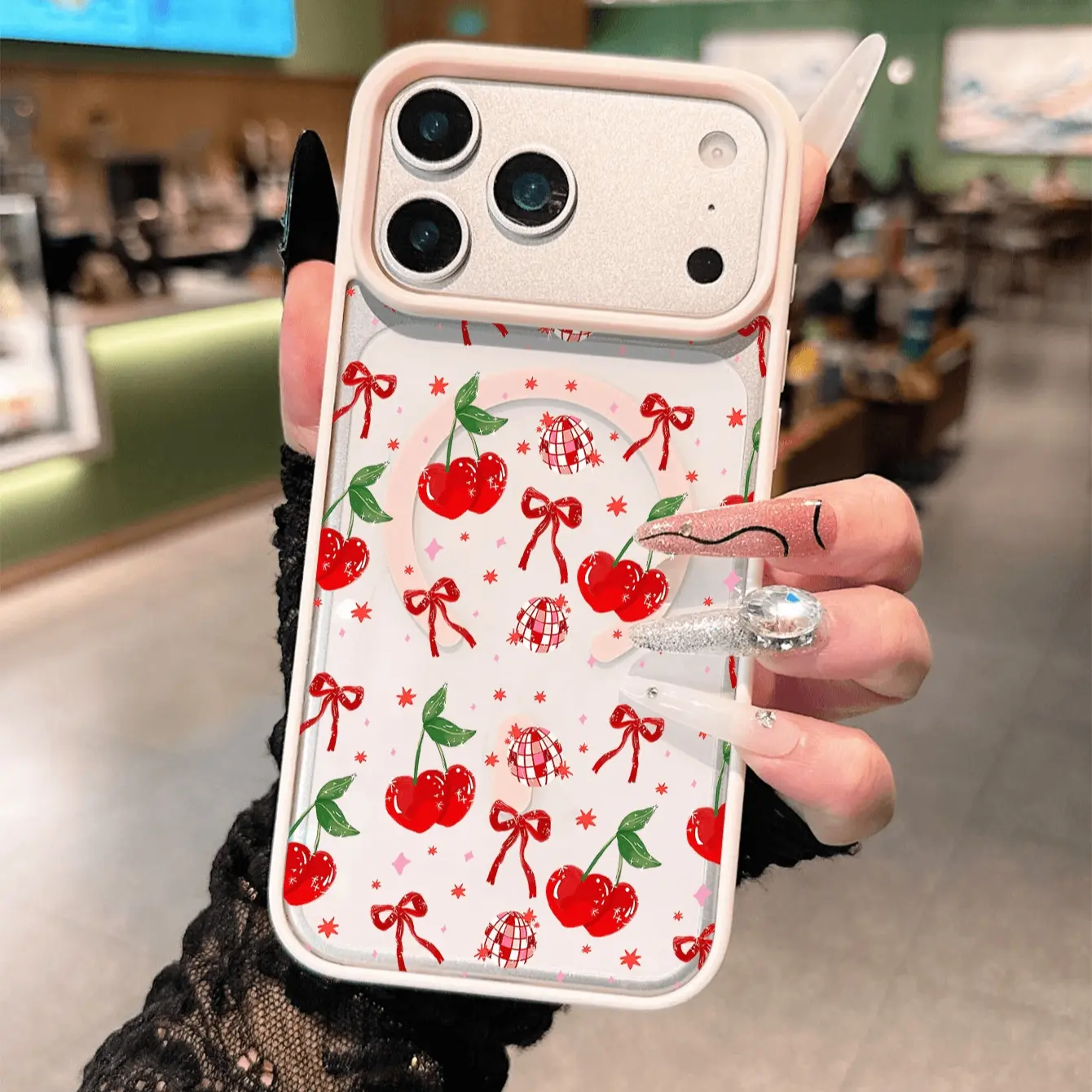 Cherry Neon Light Phone Case, Macron Color, Supports Magsafe Wireless Charging, Anti-Drop Thickened Cover for iPhone 17/16/15 Series