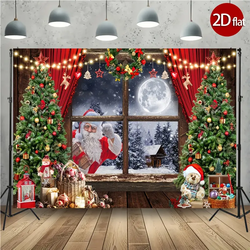 1PC Polyester 2D Flat Santa Print Standing Banner - Party Decorations Banners, No-Electricity Multifunctional Backdrop Cloth for Birthday Photo Booths, Wall Decor