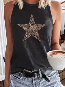 Summer New American Style Leopard Print Star Print Tank Top, Womenswear, Aesthetic Loose Fit, Breathable Fabric, Casual Sleeveless Top, Perfect for Daily Wear