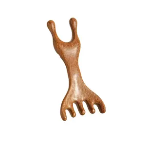 1pc Sandalwood Head Massager Comb, Dual-End Five-Finger Design, Suitable for Head Massage, Nose Massage, Facial Gua Sha Tool, Acupressure, Body Care, Relaxation Aid