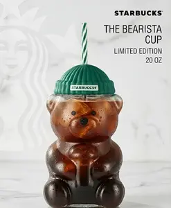 HMZ- 2026 New Bearista Bear 590ml Creative Sports Water Bottle with Straw - Leakproof Beanie Cap - Large Capacity Compatible with Starbucks cup Outdoor Sport Water Cup for Hiking - 20oz Glass Iced Coffee Tumbler - Unique Xmas Gift - Reusable Drinkware