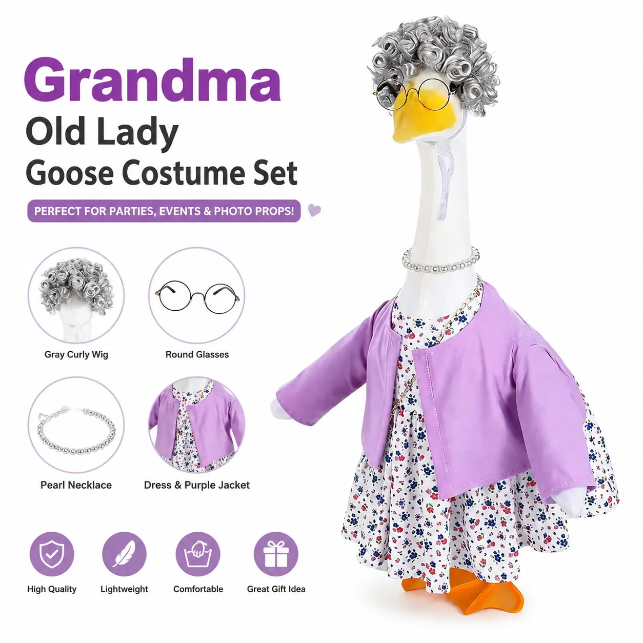 Old Lady Costume Outfit for Porch Goose Statue Glasses Curly Wig Floral Print Dress Cardign and Pearl Necklace Set