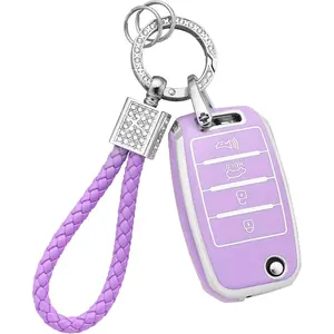 Keychain Protective Case for Kia Soul Optima Sorento Sportage Rio Forte NIRO 4-Key Key Case Shell Accessories Shiny Car Keychain Full Protective Case Purple Girly Style Women TPU Material