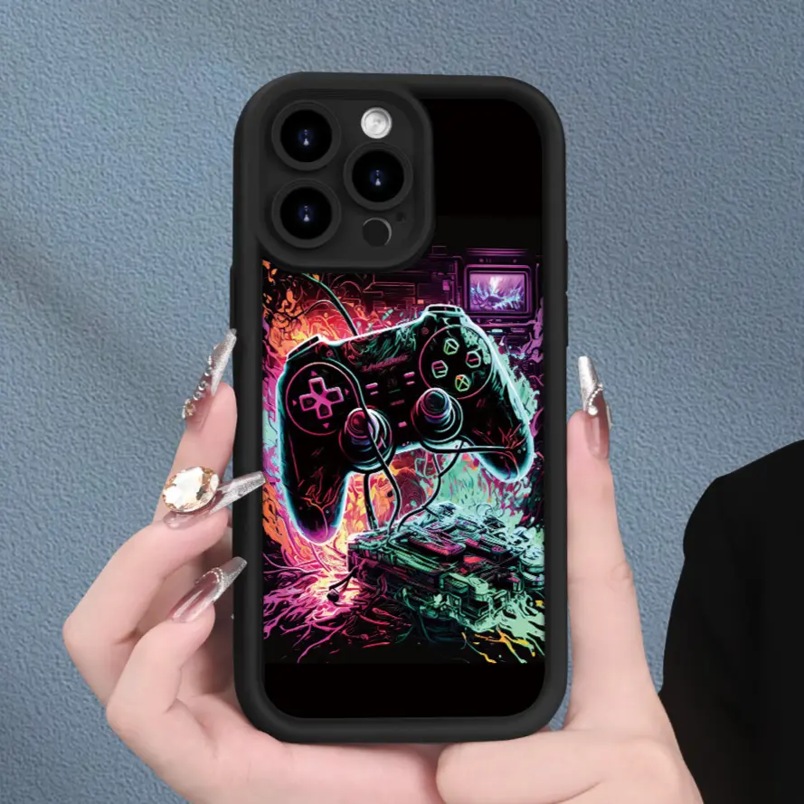 Neon Game Controller Print Phone Case, Matte Soft TPU Shockproof Cover, Raised Camera Protection, Anti-Drop Shell Compatible with iPhone 17 16 15 14 Pro Max 13 12, Cool Gamer Style Smartphone Accessory
