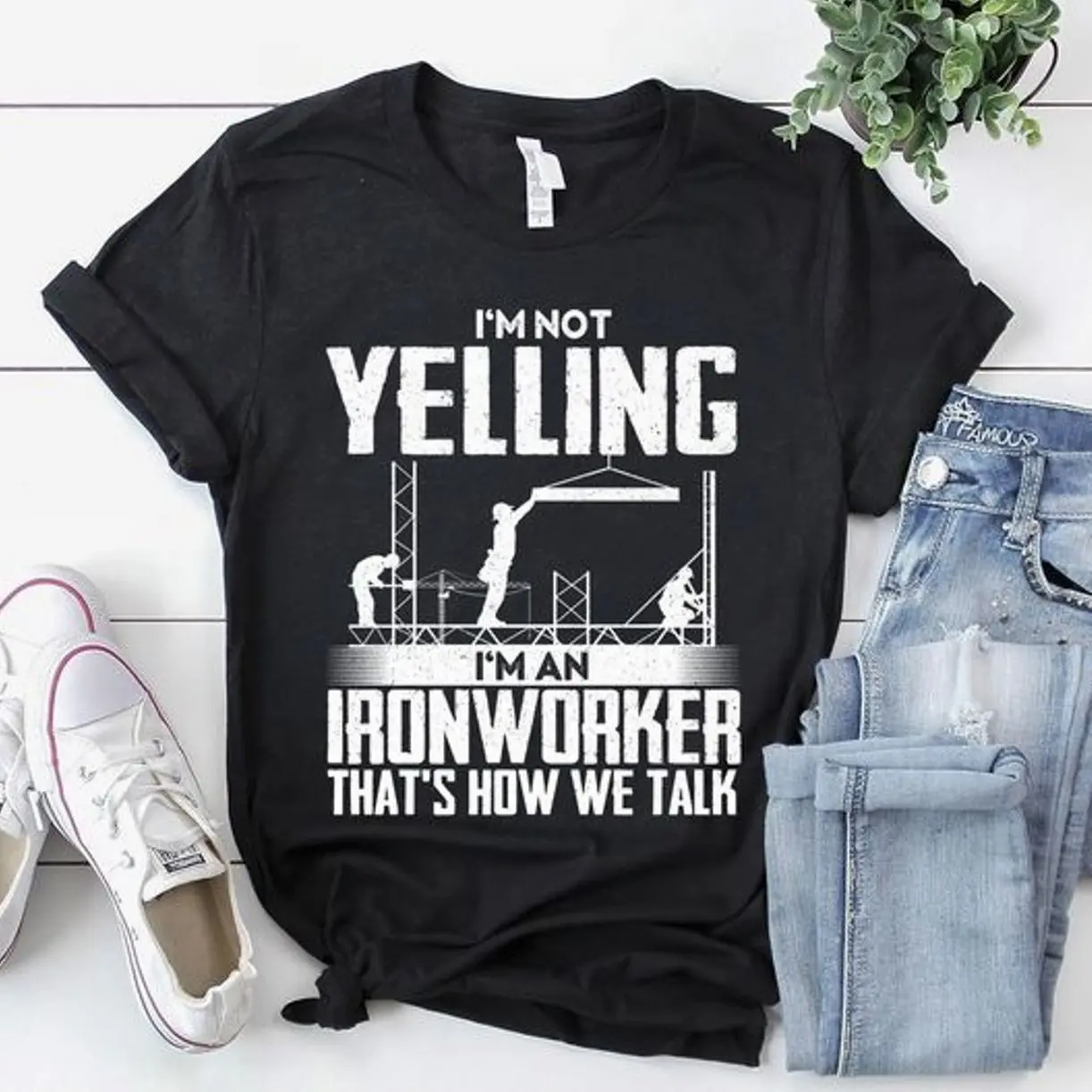 I’m Not Yelling I’m An Ironworker T-Shirt – Funny Ironworker Graphic Tee, Tradesman Humor Shirt, Blue Collar Workwear Casual Top