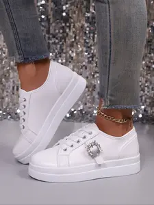 Blingbling Silver Color Chunky Sole Sneakers, Rhinestone Square Buckle Casual Shoes, Shiny Metal Look Comfortable Soft Bottom