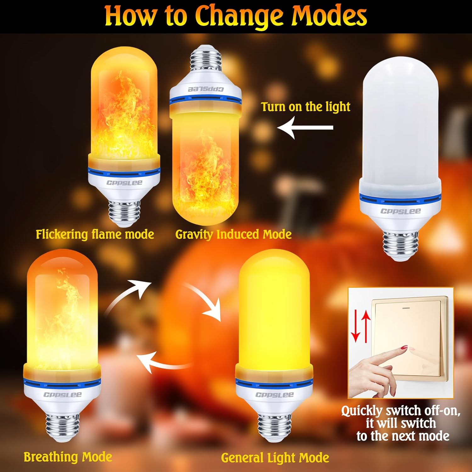 Flame Light Bulbs, 4 Modes Flickering Effect, E26 Base Fire Flame Bulb, Ideal for Halloween and Christmas Party Decorations, Yellow, 2 Pack