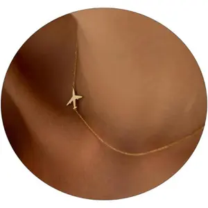 Gold Necklace for Women, Dainty Airplane Swallow Lightning Dragonfly Sideways Pendant Necklace, Adjustable CZ Simple Choker Trendy Everyday Gift