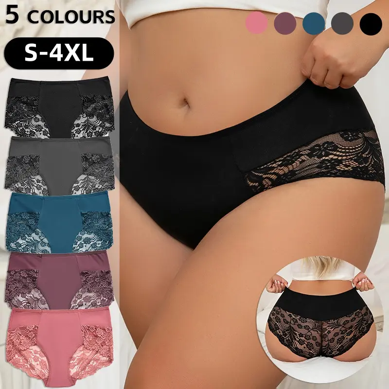 Women's High-Waist Briefs, 5-Pack Cotton Spandex Underwear with Feminine Lace Trim, Stretchy and Comfy Fit for Everyday Wear, 5Pcs, Lightweight, Style, Fabric, Love, Smooth, Seamless