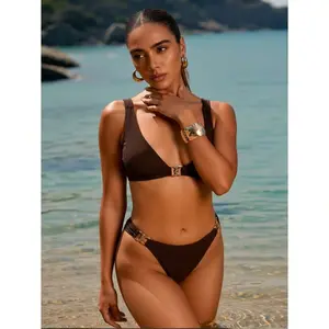 Women's Brown Bikini Set - 2 Piece Swimsuit With Gold Hardware - Padded Push Up Bathing Suit - Beach Swimwear Women - Adjustable Straps
