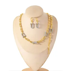 Stainless Steel Jewelry Set with Rhinestones, U-Shaped Clasp Necklace Bracelet Earrings, Casual Style for All Seasons, Elegant Jewelry Set