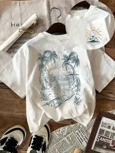 Women's Coconut Tree & Sun Print Round Neck Tee, Vintage Trendy Casual Short Sleeve T-shirt for Daily Wear, Ladies Summer, Top, Womenswear,Casual Summer T-Shirt with Crew Neck,viral graphic tees