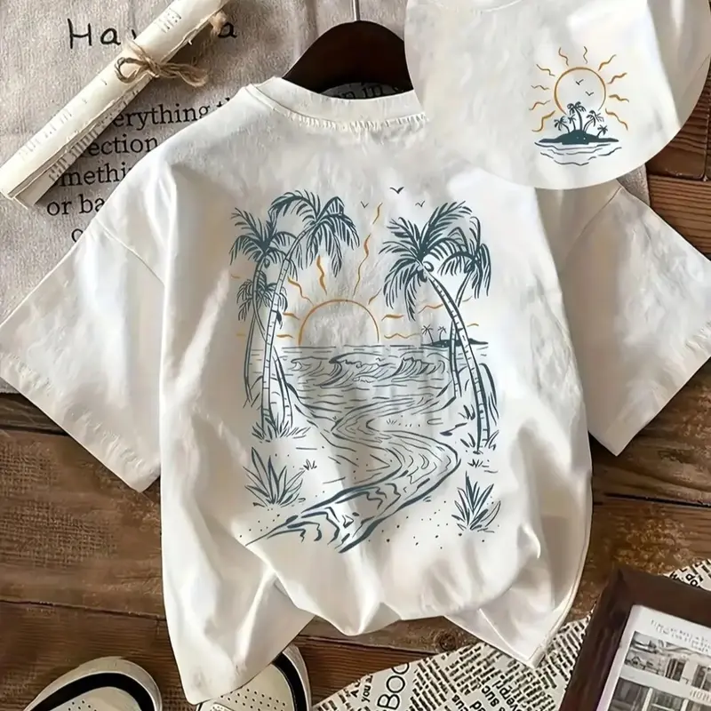 Women's Printed Coconut Tree & Sun Short-Sleeve Cotton T-Shirt - Vintage Casual Crew Neck Apparel for Summer Daily Wear