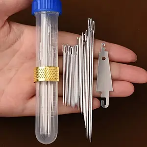 23-piece set of threading needles with large eyes for hand sewing/ traditional large-eye steel needles for the elderly, for sewing clothes and quilts (comes with a needle tube, needle tube color/red or blue is random)