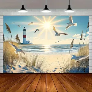Coastal Lighthouse Theme 2D Flat Banner, Polyester Background, Multiple Sizes, Beach Style Wall Decor, Photo Backdrop, Party Supplies