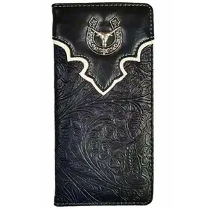 Men’s Western Bifold Wallet Black Checkbook Style with Longhorn Design