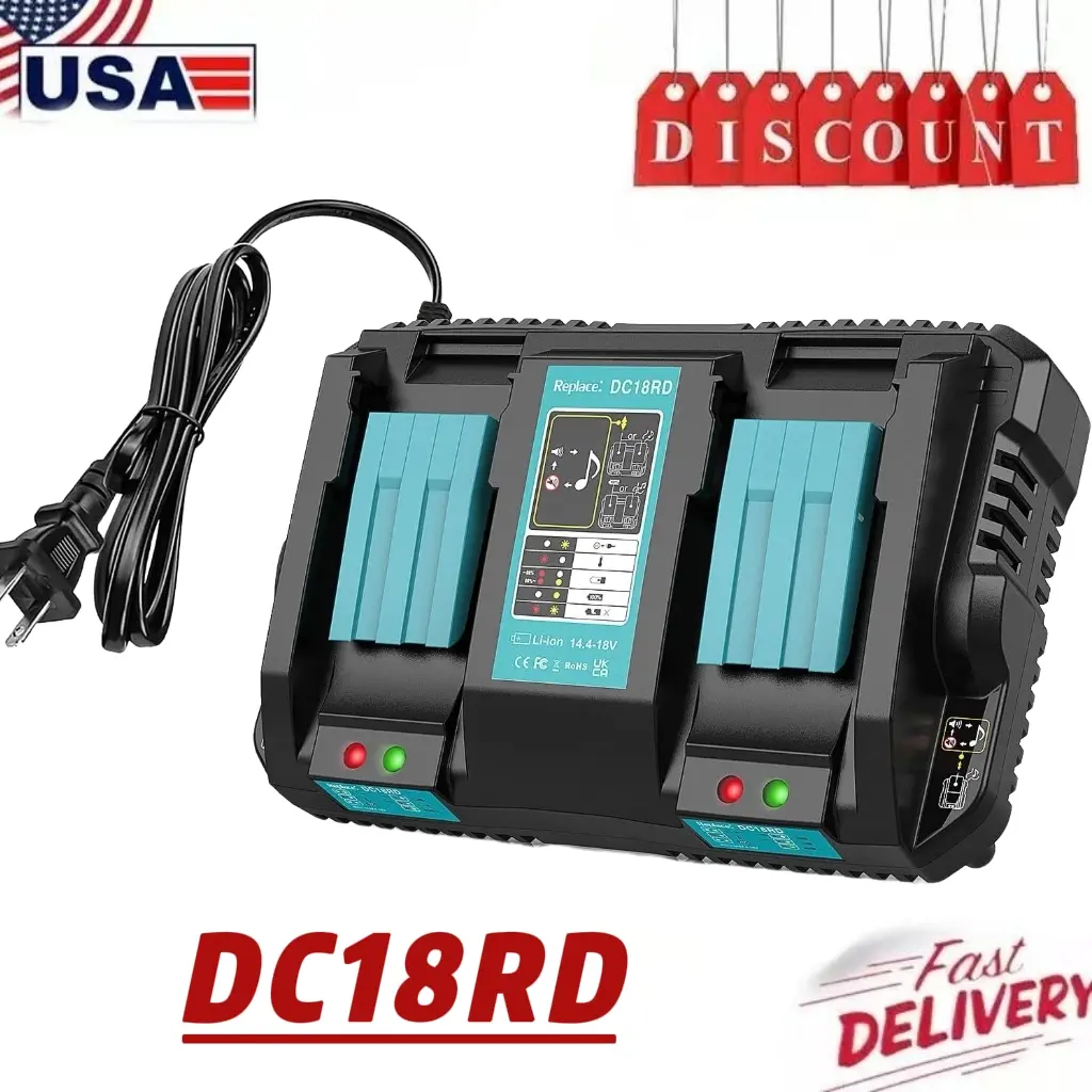 Makita DC18RD 18V Lithium-Ion Dual-Port Rapid Optimum Charger (1-Pack), 100V-260V Compatibility, 14.4V-18V Input Support, 4A Charging Current, Charging Beep, Cooling Function, Precision Interface