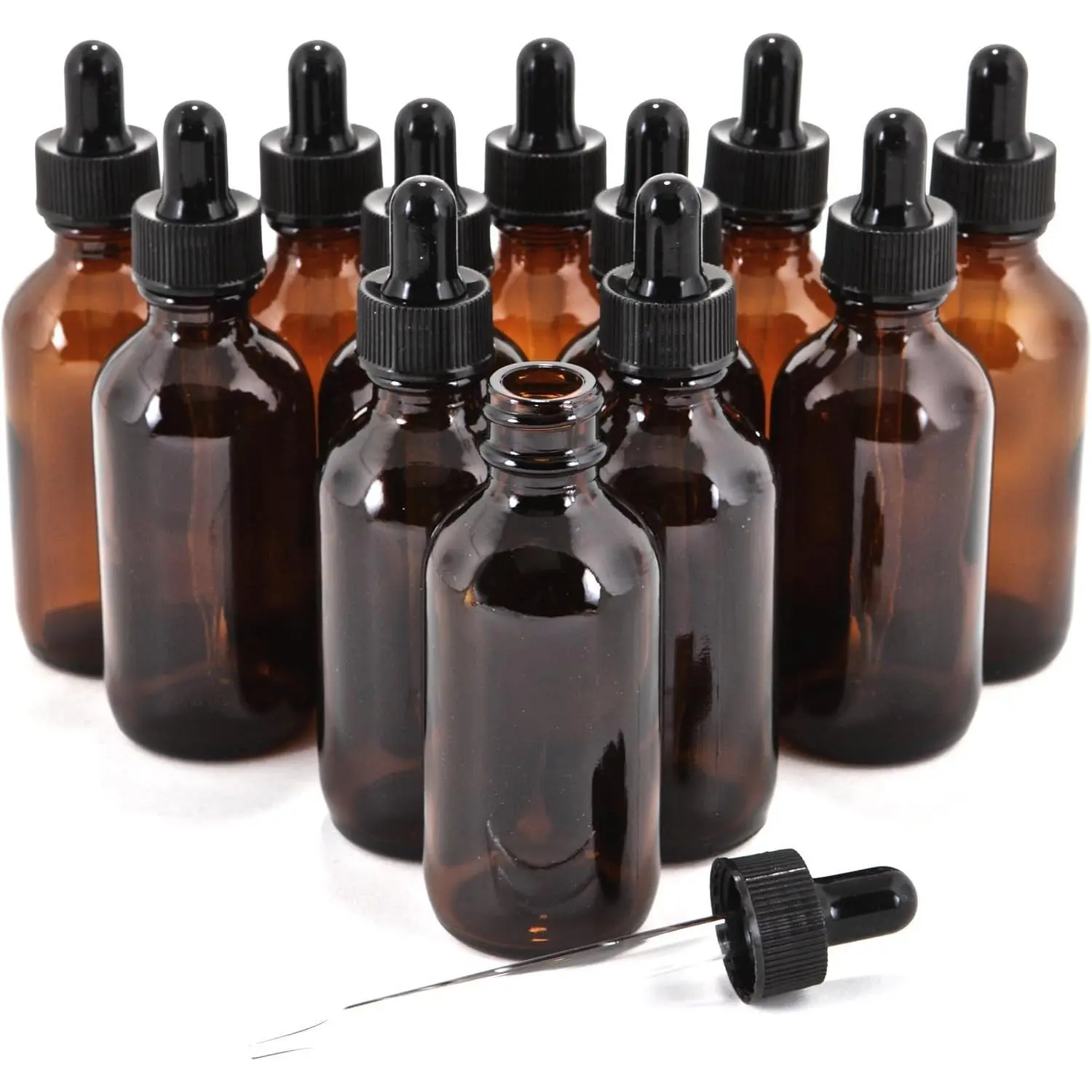 12, Amber, 2 oz Glass Bottles, With Glass Eye Droppers