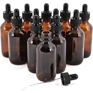 12, Amber, 2 oz Glass Bottles, With Glass Eye Droppers