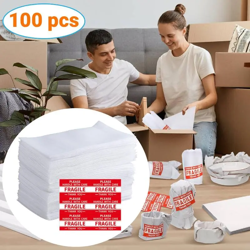 100pcs Lightweight Double Sided Cushion Foam Pouches (7.87in x 11.81in) with 300 Fragile Stickers, Home Moving Packing Supplies for Protecting Mugs, Glasses, China Dishes, Moisture Barrier