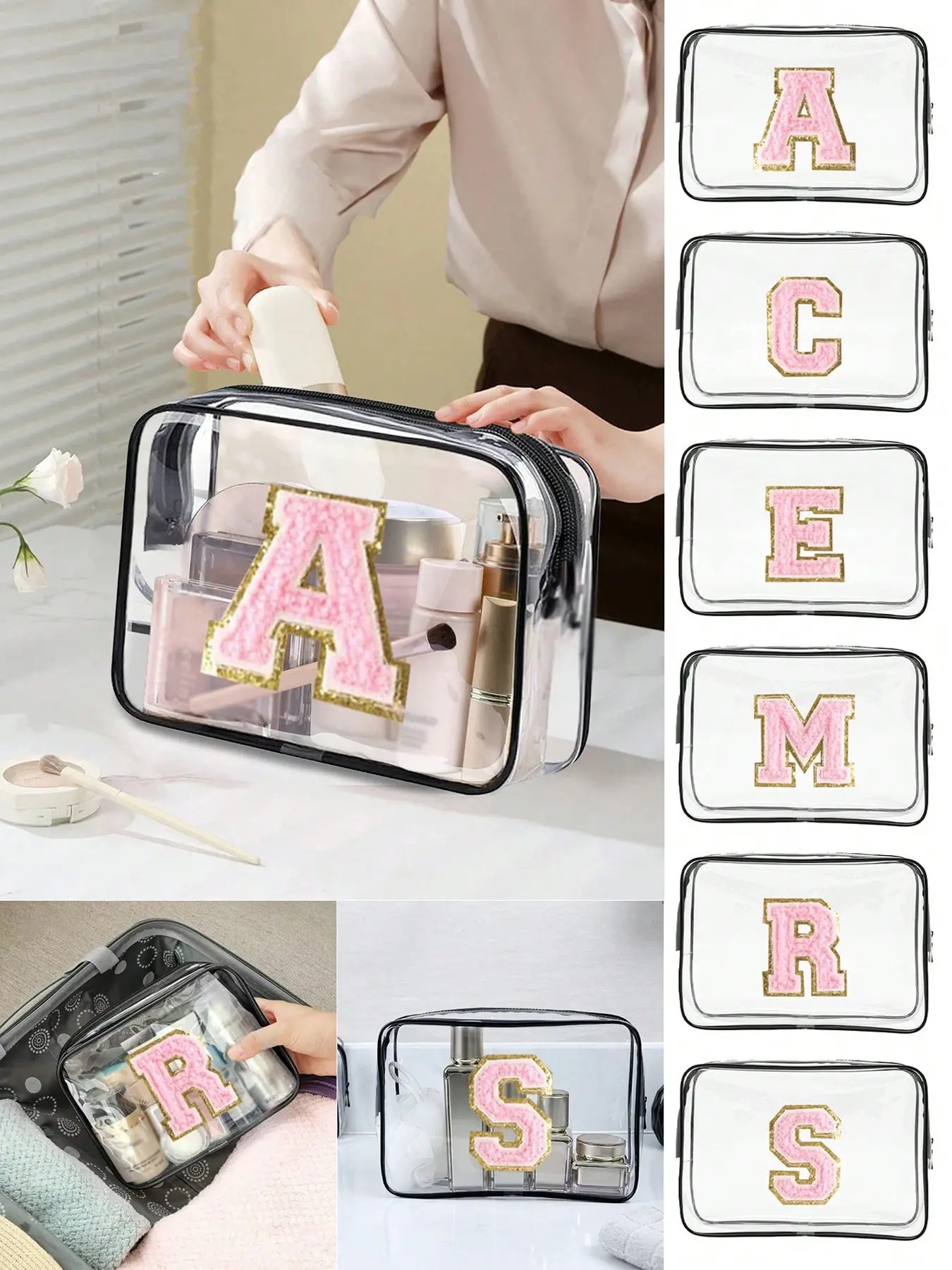 Pink Towel Embroidered Fabric Letter Style Transparent Makeup Bag, Cosmetic Pouch, Makeup Organizer Pouch, Women'S Portable Storage Bag, Reusable Travel Storage Bag, Travel, Daily Life, Hotels, Beach Bags, Cosmetics Bag, Exquisite Gifts For Family