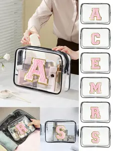 Pink Towel Embroidered Fabric Letter Style Transparent Makeup Bag, Cosmetic Pouch, Makeup Organizer Pouch, Women'S Portable Storage Bag, Reusable Travel Storage Bag, Travel, Daily Life, Hotels, Beach Bags, Cosmetics Bag, Exquisite Gifts For Family