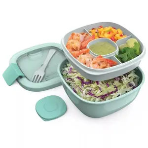 Salad Stackable Lunch Container with Large 54oz Bowl, 4-Compartment Tray & Built-In Fork Color Coastal Aqua