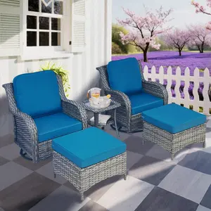 5-Piece Rattan Patio Set w/ 2 Swivel Rocking Chairs, Ottomans & Table - Blue & Grey Weather-Resistant Furniture for Deck Garden Porch | Ergonomic Seating & 360° Rotation