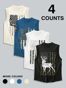 Men's 4 Pack Deer Hunting Tank Tops - Camouflage American Flag Patriotic Graphic Sleeveless Shirts, Vintage Distressed Hunter Workout Gym Muscle Tees, Outdoor Camping Fishing Casual Summer Outfits for Men