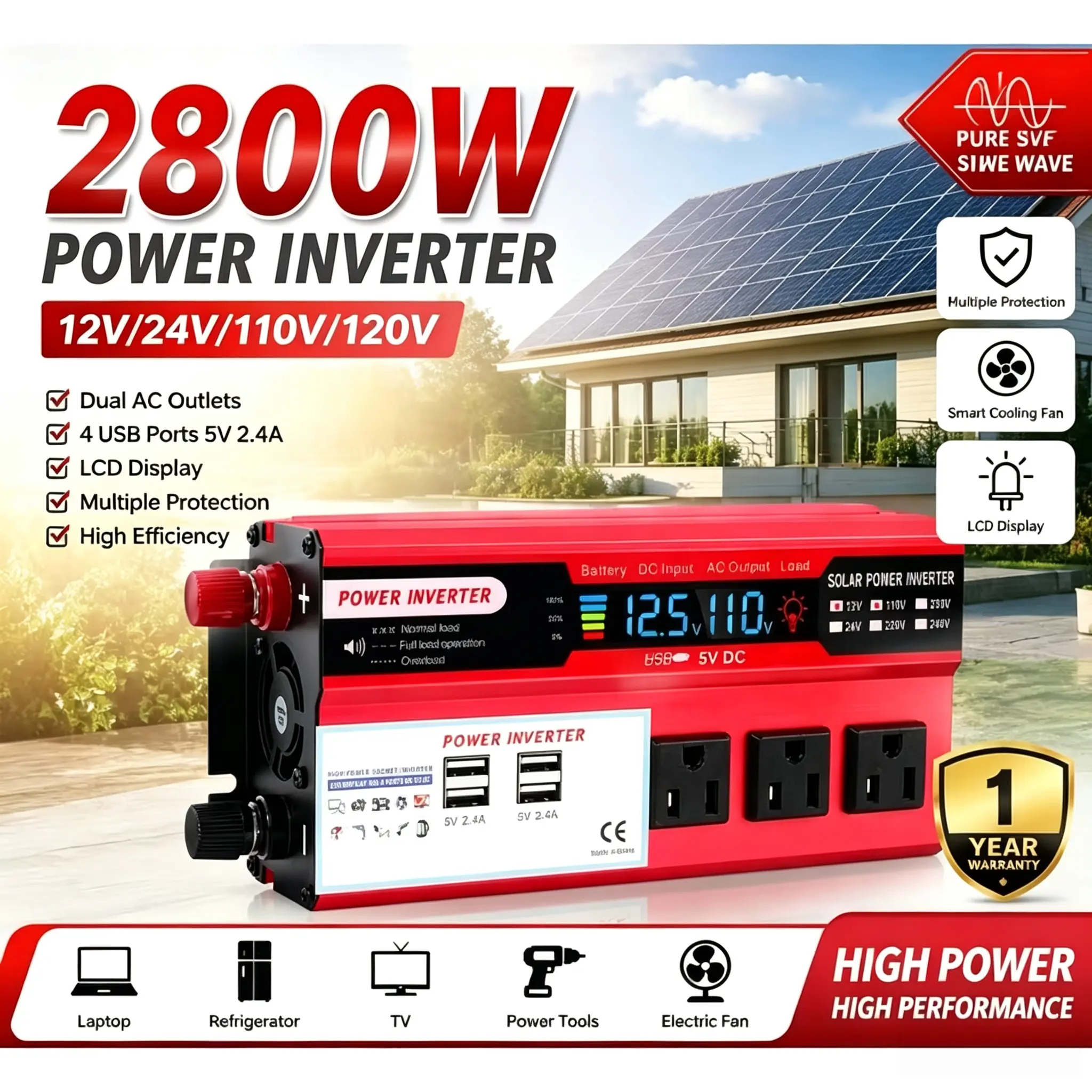 2800w Pure Sine Wave Power Inverter DC 12V to AC 110V, Car Voltage Converter with LCD Display, 3 US Outlets & 4 USB Fast Charging Ports, Portable Power Supply for Car, Truck, RV, Boat Camping Outdoor Emergency Use