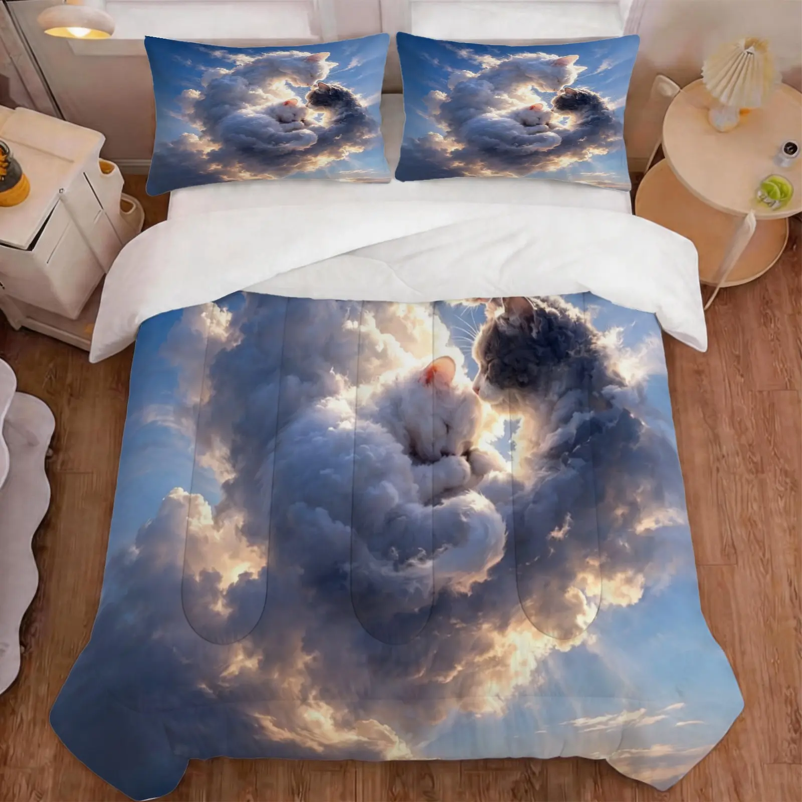 Cloud Cat Print Comforter Set 2/3 Pcs, HD Digital Printed Quilt, Soft Breathable Bedding Set, Decorative Bed Linen for Bedroom (No Pillow Insert)
