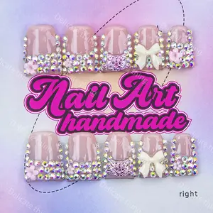 Delicatething Y2K Style Duckbill Nails, Handmade Nail Art Set with Colorful Diamonds, Glitter Rhinestones and Bow Design, Perfect Gift for Girls