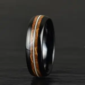 Strum & Barrel - Whiskey Barrel Wood Guitar String Black Ceramic Wedding Band 6MM