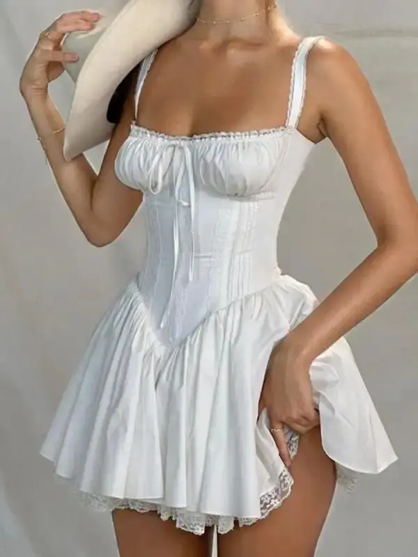 Women's Chic Lace Tie Front Cami Dress, Breathable Short Mini Dress for Party Dating Casual Wear, Elegance Wedding Guest Dress, Womenswear Sundresses, Summer Dresses, Birthday Dresses