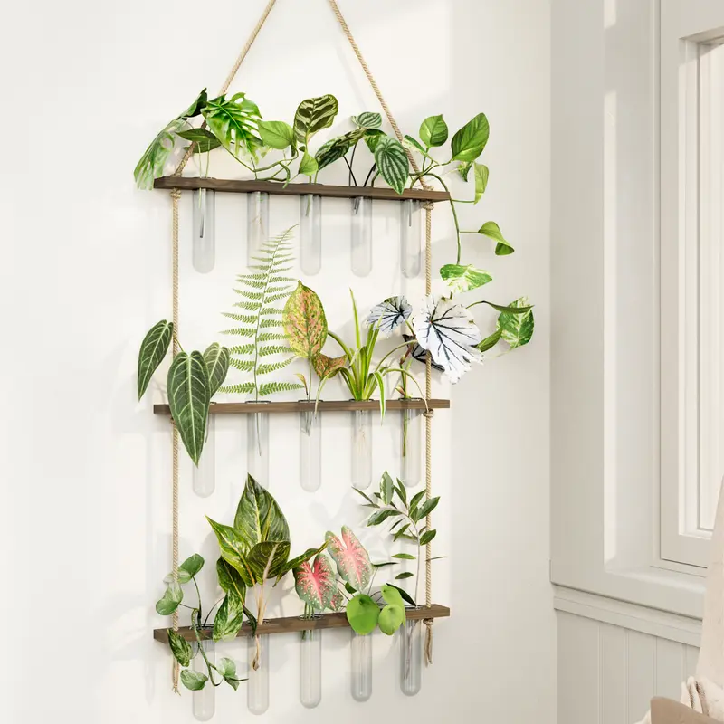 BamWorld Rustic Wooden Hanging Planter - 3-Tier Swinging Planter Complete Kit with 15 Glass Tubes, Natural Wood Hydroponic Propagation Station Glass Terrarium, Indoor Home Decor for Plant Lovers, Rustic Wooden Planter