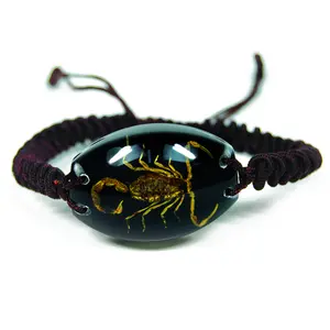 Black Oval Shaped Pendant Bracelet with Real Brown Scorpion