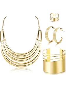 Bib Choker Necklace Silver Gold Jewelry Set Wide Cuff Bangle Bracelet Open Hoop Earrings Adjustable Ring Chunky Silver Gold Statement Costume Jewelry Set for Women