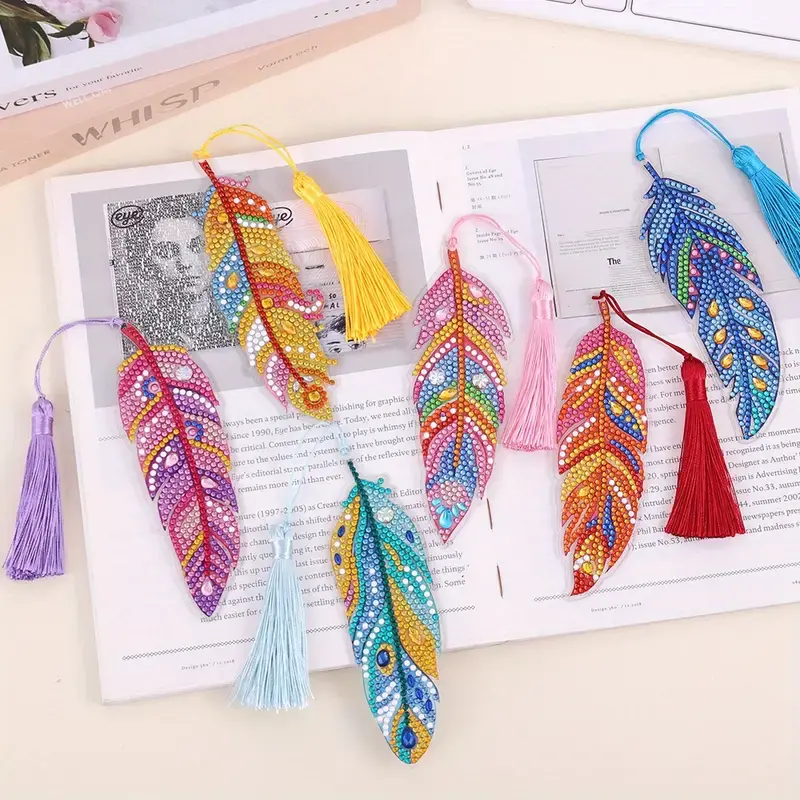 6-Piece DIY Needlework Elegant Colorful Diamond Feather Bookmarks, Durable PET Crafts, 5D Diamond Design with 5D Sparkle Side, Reading Decoration to Elevate Your Reading Experience, Unique Gifts for Book Lovers,familyfun