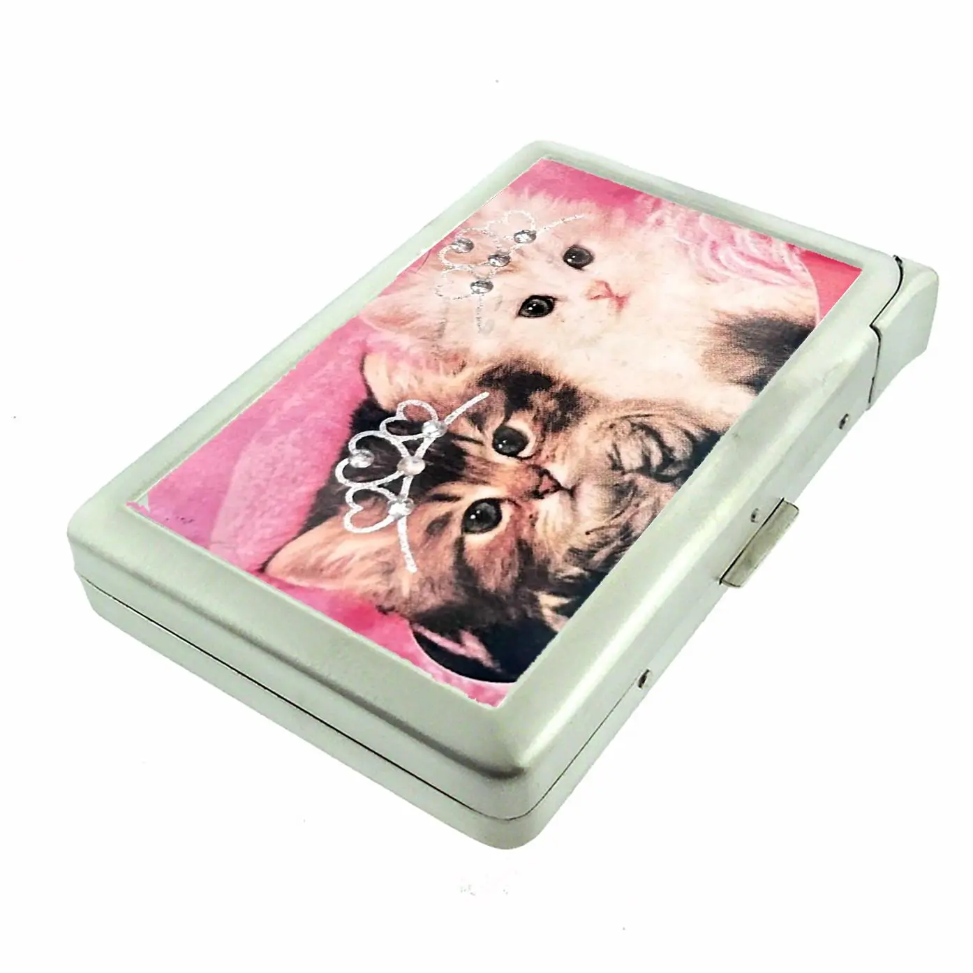 Girly Pink Princess Kittens Metal Case with Built in Lighter