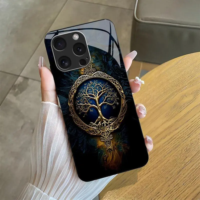 Suitable for [iPhone 16 Pro Max] high-end phone case🤩， high-end patterns，blue and gold tree of life pattern new black phone，drop-resistant and fingerprint-proof YM99