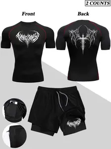 New Men's Slim Fit Two-Piece Set: Short Sleeve + Dual-Layer Shorts, Gothic Style, Quick-Dry Sportswear for Running, Football, Boxing Training
