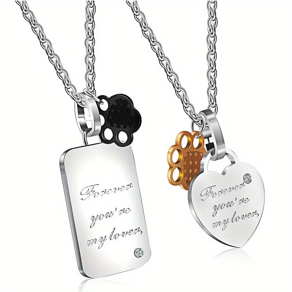 Couples' 2-Piece Matching Heart Pendant Stainless Steel Necklaces - Geometric Chain Jewelry with Footprint Cutout, Letter Engraving, Synthetic Zircon, Unisex Elegant Accessory for Valentine's Day Anniversary, Set Of 2