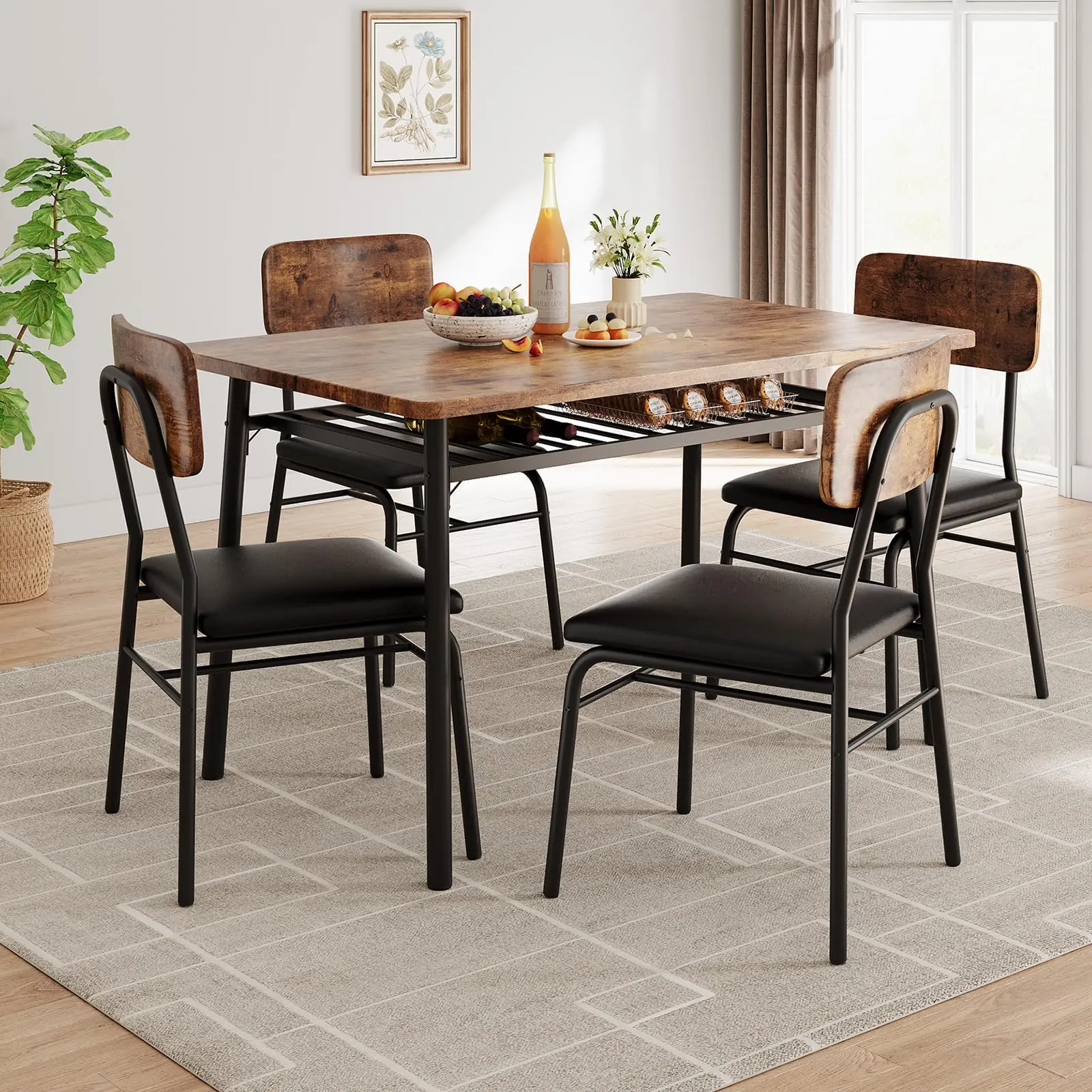 5-Piece Kitchen Table Set for 4-Small Space Dining Room Set with Storage Rack Comfortable Upholstered Chairs-Wood Metal Apartment Dining Set, Home Organization Apartment Furniture Space Saving