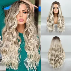 Long Wavy Wig for Women Middle Part Mixed Blonde Curly Wavy Heat Resistant Synthetic Hair Natural Fiber Wig for Daily Party Use