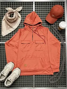 Men's Long-Sleeved Quarter-Zip Loose-Fit Machine-Washable Sports Hoodie with Multiple Pockets - Menswear Pullover Tops for Casual Sports, Outdoor Fitness