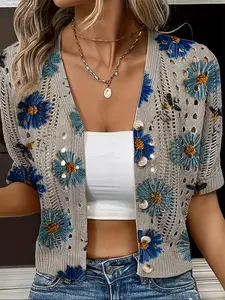 Women's V Neck Knitted Short Sleeve Cardigan, Multi-Color Floral Print Hollow Out Button Design, Boho Vacation Casual Style Outerwear Sweater Knitwear Womenswear