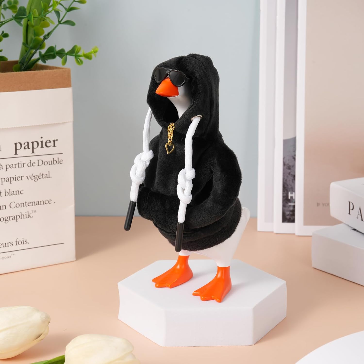 7Inch Desk Goose Outfits Mini Desktop Goose Clothes and Accessories Set Hoodie Sunglasses Necklace for Magnetic Goose Key Holder Home Decor and Housewarming Gift