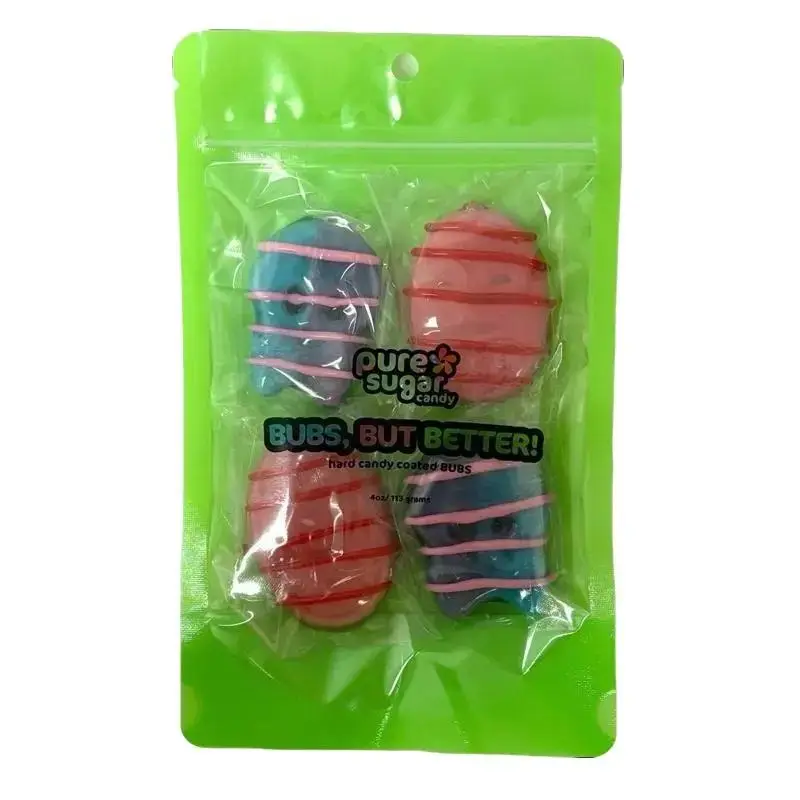 BUBS, BUT BETTER! HARD CANDY COATED BUBS - DIZZY SKULL W/ BLUE RASPBERRY COATING, STRAWBERRY/POMEGRANATE OVAL WITH STRAWBERRY CANDY COATING, TUTTI FRU