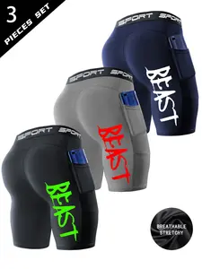 Men's 3-Pack Compression Shorts with" Beast" Print, Quick-Dry and Stretch Fabric, Suitable for Gym, Running and Basketball, Dry Fit Shorts