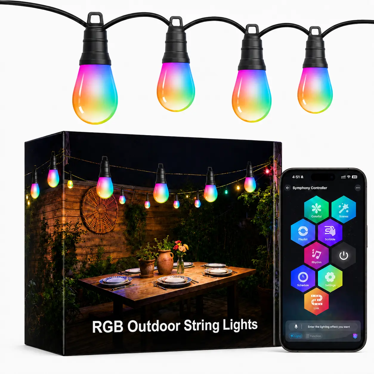 Smart RGBIC S14 Outdoor String Lights, Color Changing Patio Lights with Dimmable LED Bulbs, Warm White & Multicolor Lighting, App & Bluetooth Control, IP65 Waterproof Smart String Lights for Backyard, Balcony, Party & Holiday Decor  ：
